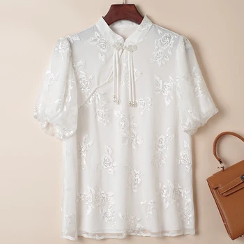 Женские винтажные рубашки в китайском стиле, топы, Летние элегантные рубашки, Блузки с коротким рукавом, Женская Белая блузка с вышивкой из 100% натурального шелка