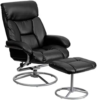 Современное многопозиционное кресло и пуфик с металлическим основанием из черного кожзаменителя