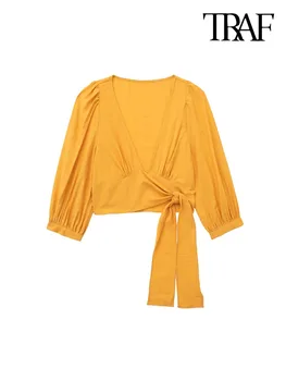 TRAF/ Женские модные укороченные блузки с запахом на завязках, винтажные женские рубашки с V-образным вырезом и пышными рукавами, Блузы, Шикарные топы