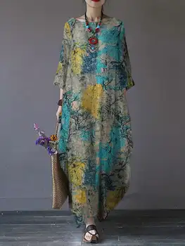 Негабаритный женский сарафан с цветочным принтом 2023, Макси-платье с принтом ZANZEA, Элегантное Осеннее Повседневное Платье с длинным рукавом, Женский хлопковый халат