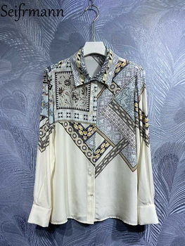 Seifrmann/ Высококачественные Весенние женские модные Дизайнерские Свободные Рубашки с длинным рукавом-фонариком, винтажные женские рубашки с цветным принтом, топы