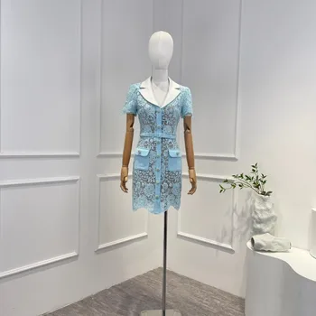 2023, Весна-лето, Высококачественное женское Модное Роскошное синее кружевное платье с цветочным рисунком, белое мини-платье с зубчатыми рукавами-лепестками