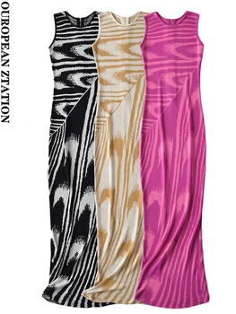 Женское платье миди с пайетками 2023, модное облегающее платье миди с трикотажным принтом, винтажные женские платья без рукавов с круглым вырезом, vestidos mujer
