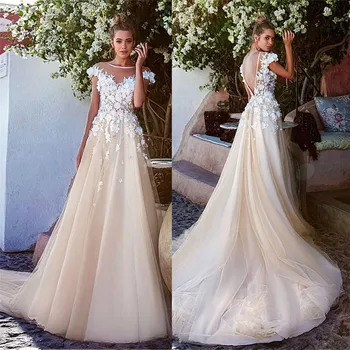 Кружевные аппликации с круглым вырезом, Свадебные платья трапециевидной формы, свадебные платья из тюля с открытой спиной, Короткие рукава, длинные, украшенные 3D цветами