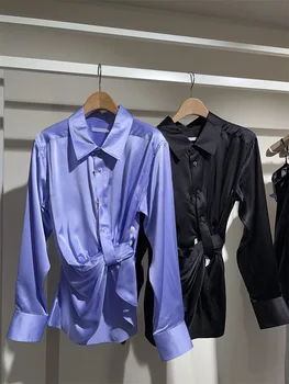 Модная классическая роскошная дизайнерская рубашка из асимметричной плиссированной ткани с длинным рукавом с дизайнерским смыслом для женщин Ранней весны 2023