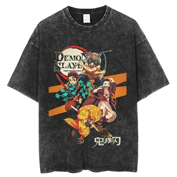 Demon Slayer, мужские винтажные футболки с аниме, выстиранные, для женщин, с коротким рукавом, Летняя уличная одежда, футболка с коротким рукавом