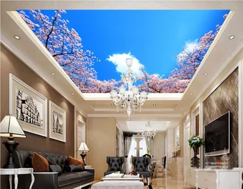 Фото на заказ, нетканые 3D потолочные фрески, обои голубое небо, белые облака, вишневая живопись, 3d настенные фрески, обои для стен 3 d