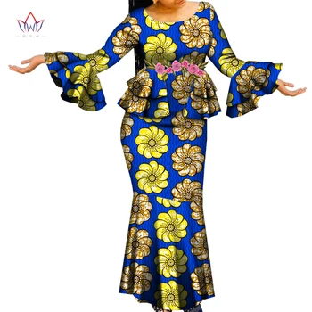 Женские платья в африканском стиле, комплект из 2 предметов, одежда с африканским принтом, топы с расклешенными рукавами и оборками, длинные юбки Dashiki WY6636