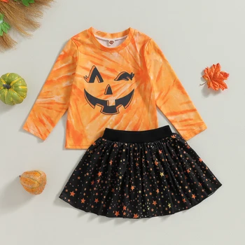 Mildsown/ Осенняя одежда из 2 предметов для маленьких девочек, Топы с длинными рукавами и принтом тыквы + мини-юбка в складку с принтом, комплект одежды на Хэллоуин