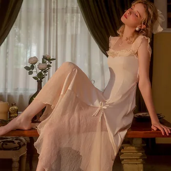 Сексуальная винтажная ночная рубашка из вискозы, французская женская длинная атласная кружевная ночная рубашка в стиле пэчворк, элегантная пижама в дворцовом стиле