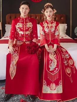 New Chinese Traditional Wedding Dress Embroidery Beading Banquet High-Quaity Classic Cheongsam China Qipao костюм для восточных
