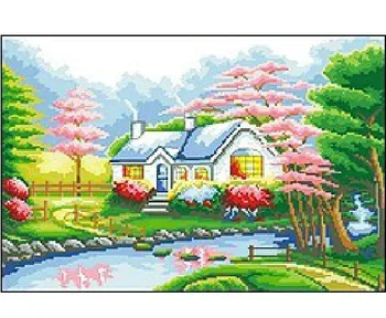 Вышивка крестом Лучшее качество---Роскошный--- Счастливый дом Дерево Цветок Река-Горячая продажа Бесплатная доставка