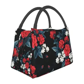 Женская сумка для ланча с рисунком красных роз, переносной цветочный термоохладитель, коробка для Бэнто, для пляжа, кемпинга, путешествий