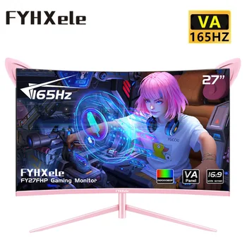 FYHXele 27-дюймовый Монитор 2K Изогнутый Розовый Игровой Экран 165 Гц 1 Мс Для Девочек Настольный Дисплей Поддержка G-Sync FreeSync С Регулируемым Наклоном