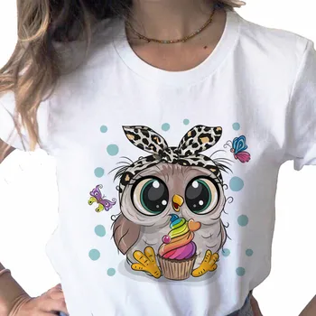 Милая футболка с изображением Совы и птиц, Женская футболка с радужным мороженым, Забавная футболка, Женская одежда в стиле Харадзюку Каваи, Летняя модная футболка, женская