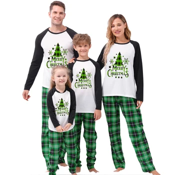 2023 Новый Семейный пижамный комплект с буквенным принтом в виде Рождественской елки, топы с круглым вырезом и длинными рукавами, Клетчатые Длинные брюки для родителей и детей