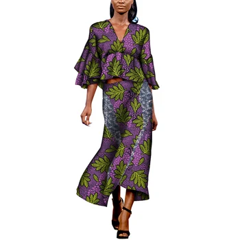 Африканская женская одежда, комплекты топов и юбок из 2 предметов, африканская одежда Bazin Riche, комплекты юбок с V-образным вырезом WY7153