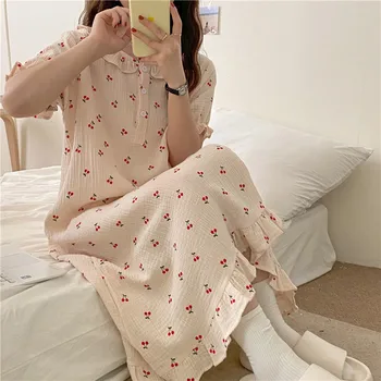Летняя ночная рубашка с вишневым принтом, Женская Повседневная хлопковая пижама с круглым вырезом и коротким рукавом, Свободные оборки, Домашняя одежда в корейском стиле
