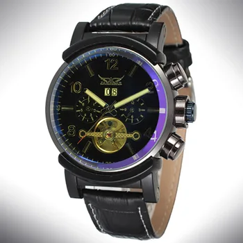 Модные классические мужские механические часы JARAGAR креативного полого дизайна с календарем, повседневные спортивные часы на кожаном ремешке
