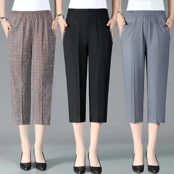 Женские эластичные штаны для мам среднего и пожилого возраста с высокой талией, однотонные брюки длиной до икр, женские брюки 3/4