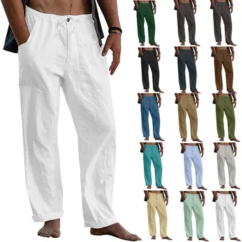 2023 Летние новые мужские повседневные хлопчатобумажные льняные брюки для йоги большого размера с тонким разрезом, дышащие однотонные мужские брюки, спортивная уличная одежда