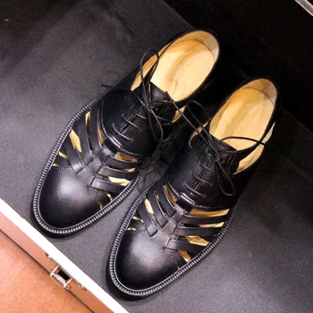 Мужские винтажные сандалии чистого черного цвета из натуральной коровьей кожи, обувь с верхом, летние туфли на шнуровке в римском стиле