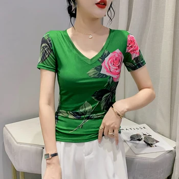 2023, летняя мода, Марлевый принт, Позиционирующий цветок, Короткий рукав, V-образный вырез, тонкая футболка с принтом Пиона, винтажные футболки, Корейский зеленый