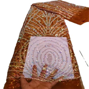 Роскошная африканская кружевная ткань с пайетками для Жениха, Высококачественная Оранжевая Вышивка из тяжелого бисера, Французский Тюль, Кружевное Нигерийское свадебное платье