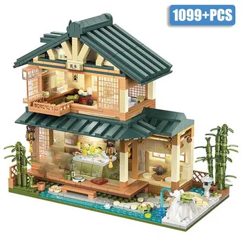 Город 1099 шт. Классическая Японская модель Двора Строительные блоки со светодиодной подсветкой Деревенский дом MOC Вилла Кирпичи Игрушки для Детей