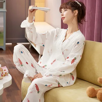 Весенне-осенняя газовая пижама для беременных, летний кардиган из тонкого чистого хлопка, одежда для беременных, одежда для кормления из двух предметов, fo