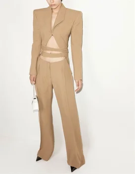 Комплект из 2 предметов, полый женский костюм, сексуальный Блейзер + брюки, Модная Свободная куртка на шнуровке, Повседневное уличное пальто для горячей девушки, в наличии