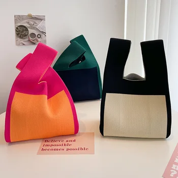 Новая Японская Вязаная Женская сумка, Цветная Однотонная Темпераментная Сумка, Вязаная Сумка, Модная Портативная Сумка с верхней ручкой