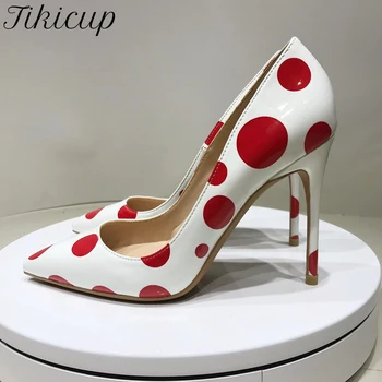 Tikicup/ Женские туфли в красный горошек, белые лакированные туфли-лодочки на высоком каблуке с острым носком, Милые туфли-лодочки на шпильке без застежки, Элегантные женские модные модельные туфли