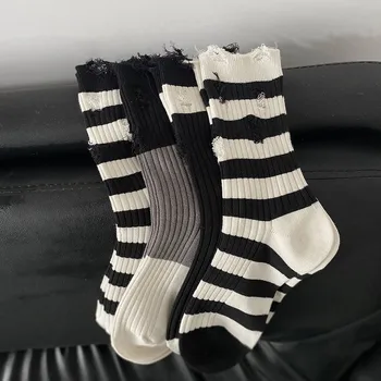 Полосатые носки с двойной иглой, перфорированные женские носки средней длины, черные, белые, весенне-летние Тонкие женские носки, 4 пары
