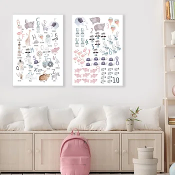 Плакат с алфавитом и номером, Обучающая картина на холсте, Настенные рисунки в детской, Иллюстрации животных, Обучающая картинка, Декор детской комнаты