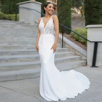 Женское свадебное платье TIXLEAR с V-образным вырезом, кружевное платье с аппликацией в виде русалки, vestido blanco, Vestidos De Novia, платье невесты 2023, шлейф на пуговицах