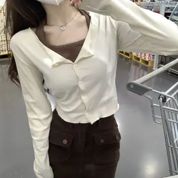 Весенние блузки с декольте, дизайнерская футболка из двух частей, топ с длинным рукавом, Женский корейский модный топ, облегающая нижняя рубашка