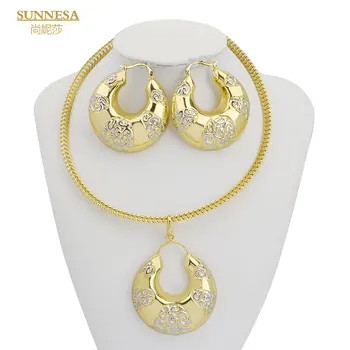 SUNNESA Роскошный 18-каратный позолоченный Дубайский ювелирный набор для женщин, Модное Ожерелье с большим Кулоном, Африканские серьги-кольца, повседневная одежда