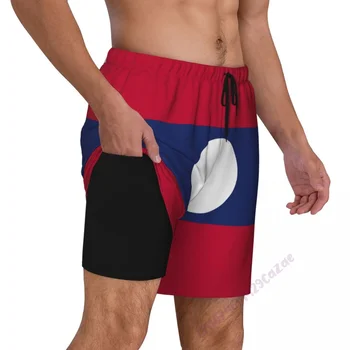 Мужские плавки с 3D рисунком Флага Лаоса С компрессионной подкладкой 2 в 1 Быстросохнущие Летние Шорты для плавания с карманами