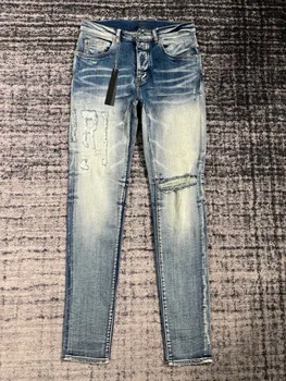 мужские потертые узкие джинсы lt синего цвета
