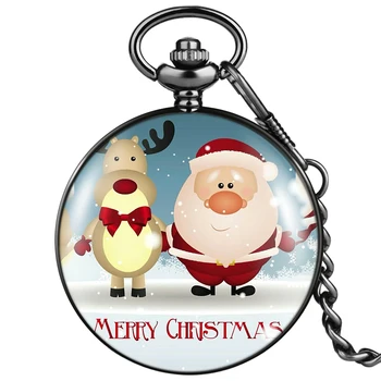 Милые гладкие черные кварцевые карманные часы в Рождественской тематике с толстой карманной цепочкой Рождественские подарки для мужчин Женщин Детей Детей