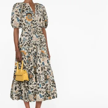 Женское платье миди с цветочным принтом, V-образным вырезом, пышным коротким рукавом, эластичной резинкой на талии, на шнуровке, 2023, Новое платье миди