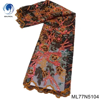 Оранжевая высококачественная нигерийская кружевная ткань, 5 ярдов, тюлевая сетка, Кружевная ткань с пайетками, кружевная ткань для вечернего платья ML77N51
