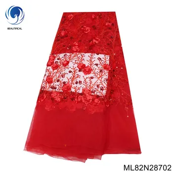 5 Ярдов Красной кружевной ткани с 3D цветами, Роскошная Вышитая Аппликация в африканском стиле, пайетки для Шитья Свадебного платья ML82N287