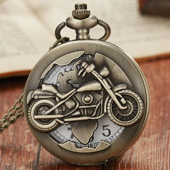 Ретро Бронзовые Старинные Мотоциклетные Карманные часы Ожерелье Цепочка Кулон Антикварные Кварцевые Карманные часы Relogio De Bolso