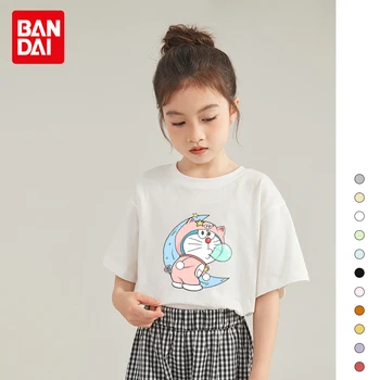Бандай, Летняя новая футболка для мальчиков и девочек из хлопка с короткими рукавами и мультяшным принтом Doraemon для мальчиков и девочек с круглым вырезом