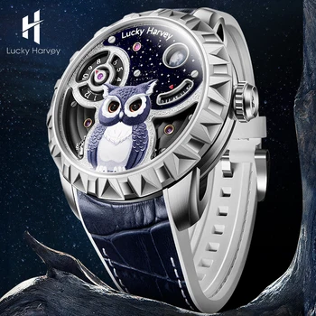 Мужские часы с автоматическим механическим механизмом в форме совы Lucky Harvey, водонепроницаемые часы с синтетическим сапфиром, ограниченная серия