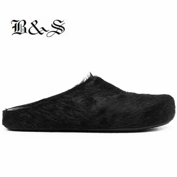 Черные уличные сандалии-шлепанцы ручной работы с закрытым носком из натурального меха