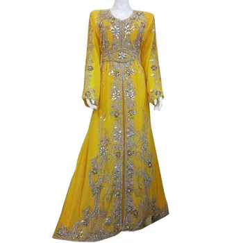 Желтый Элегантный Марокканский Модный Кафтан, Арабское Свадебное платье Duba Abaya, Кафтан, Европейские и американские модные тенденции