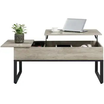 Журнальный столик из дерева с разделенным подъемом, большой, серый в деревенском стиле